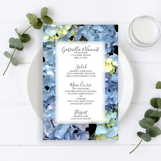 Blue Hydrangea Floral Wedding Menu
