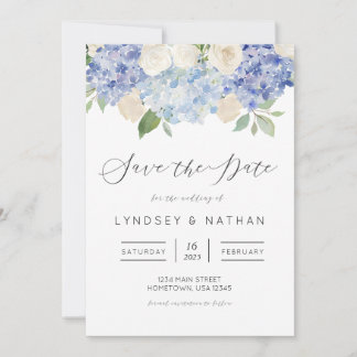 Blue Hydrangea Floral Wedding Save the Date Kaart