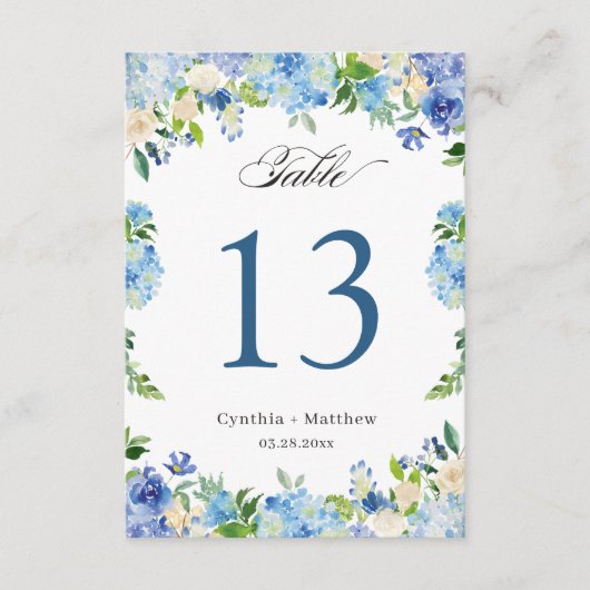 Blue Hydrangea Floral Wedding Table Number Kaart (Voorkant)
