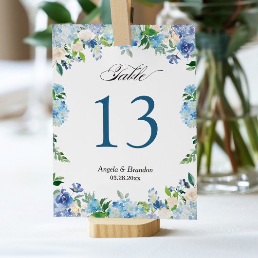 Blue Hydrangea Floral Wedding Table Number Kaart