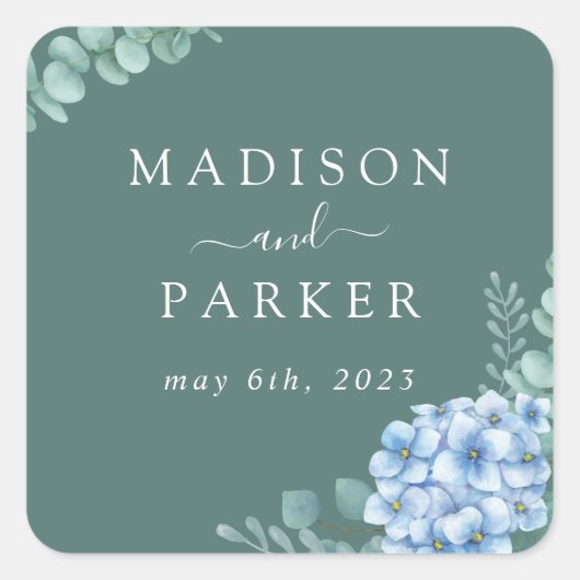 Blue Hydrangea Floral Wedding Vierkante Sticker (Voorkant)