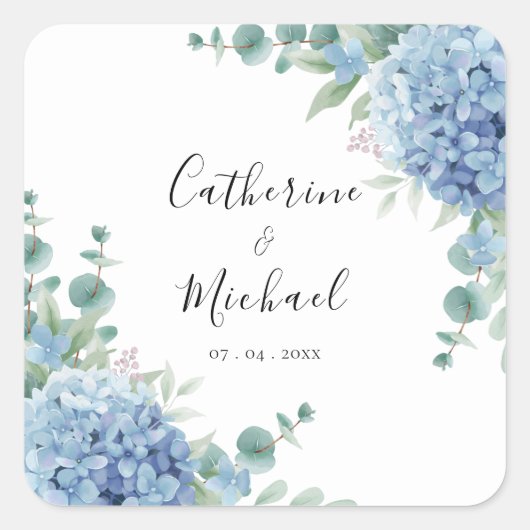 Blue Hydrangea Floral Wedding  Vierkante Sticker (Voorkant)