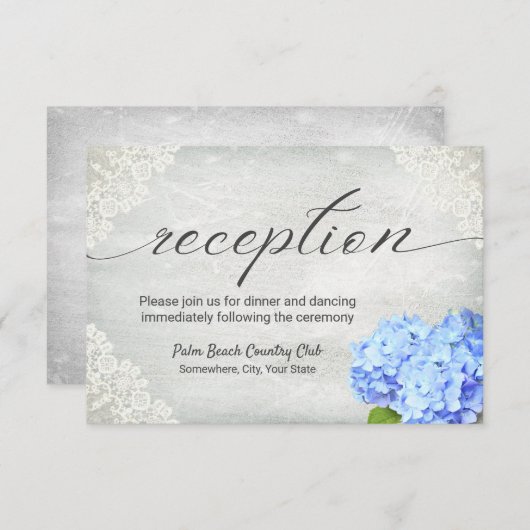  Blue Hydrangea Floral White Lace Reception Kaart (Voorkant / Achterkant)