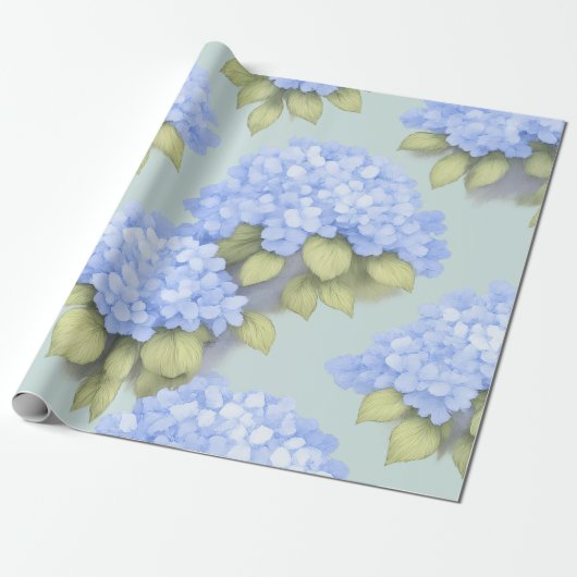 Blue Hydrangea Floral Wrapping Paper Cadeaupapier (Uitgerold)
