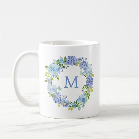 Blue Hydrangea Floral Wreath Monogramme café Mug (Gauche)