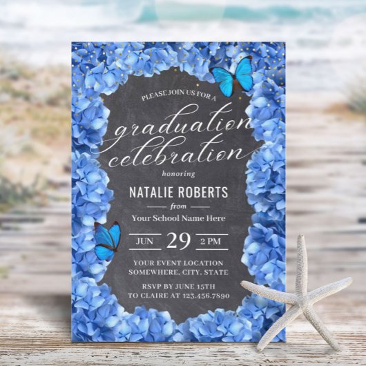Blue Hydrangea Flower & Butterfly Graduparty Kaart