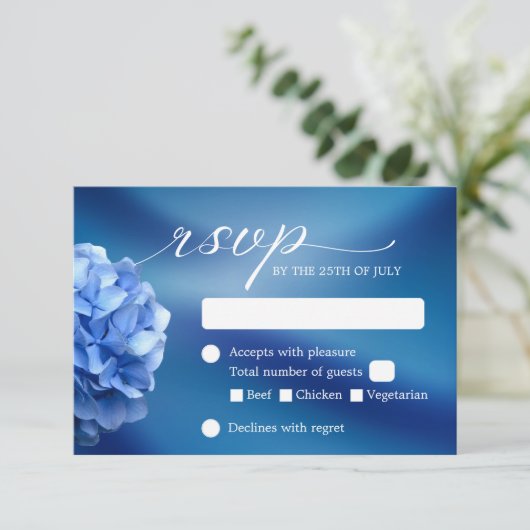 Blue Hydrangea Flower Navy Blue Wedding RSVP (Staand voorkant)