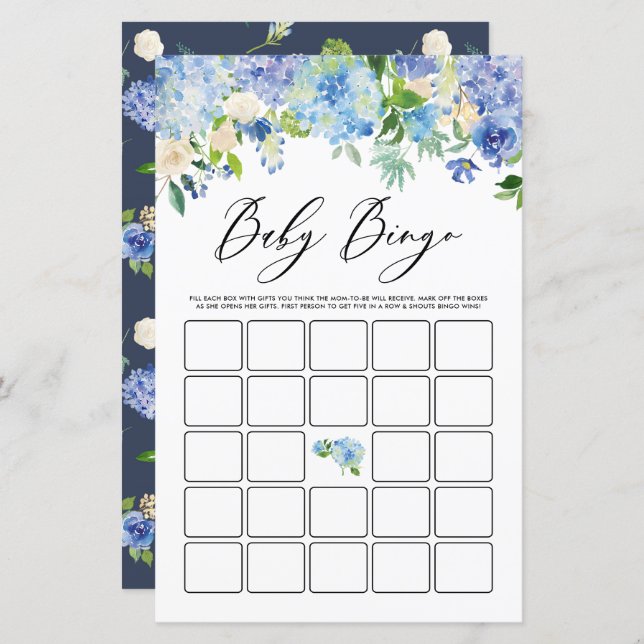 Blue Hydrangea Flowers Baby shower Bingo Carte de  (Devant / Derrière)