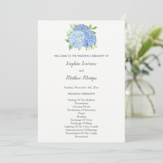 Blue Hydrangea Flowers Foliage Wedding Programma (Staand voorkant)