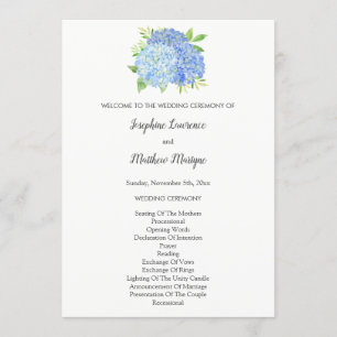 Blue Hydrangea Flowers Foliage Wedding Programma