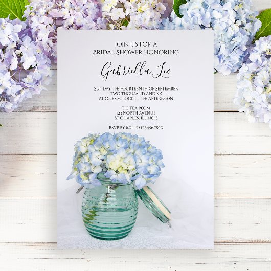 Blue Hydrangea Flowers in Jar Vase Vrijgezellenfee Kaart