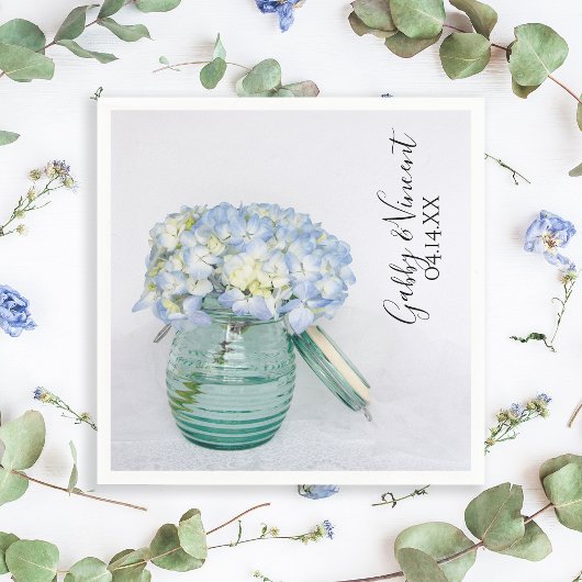 Blue Hydrangea Flowers in Jar Vase Wedding Servet