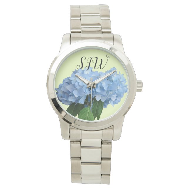 Blue Hydrangea Flowers Monogrammed Womens Horloge (Voorkant)
