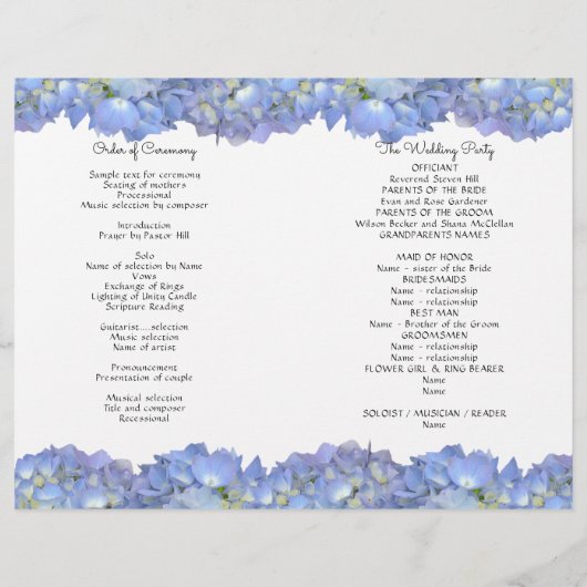 Blue Hydrangea Flowers Programme de mariage Modèle (Dos)