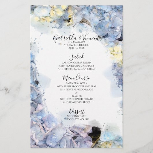 Blue Hydrangea Flowers Watercolor Menu Mariage (Devant)