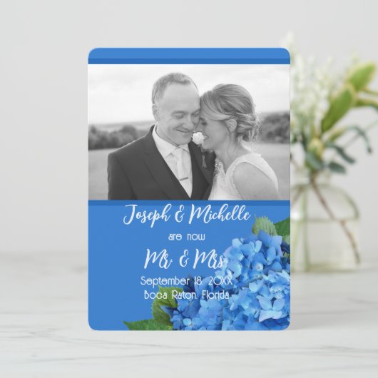Blue Hydrangea foto bruiloft aankondiging (Staand voorkant)