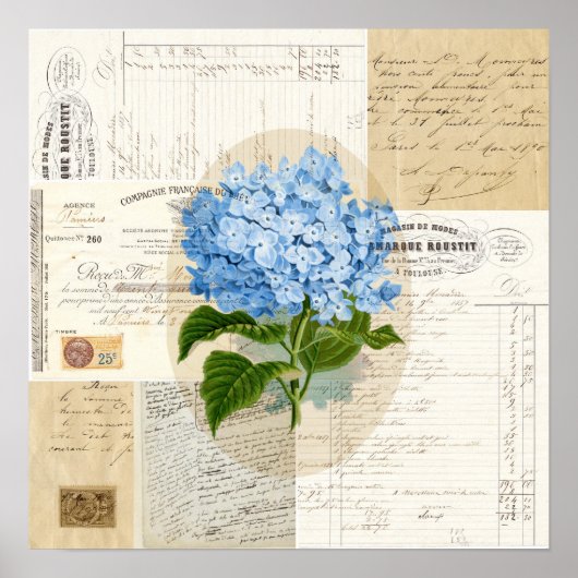 Blue Hydrangea French Ephemera Print Postr (Voorkant)