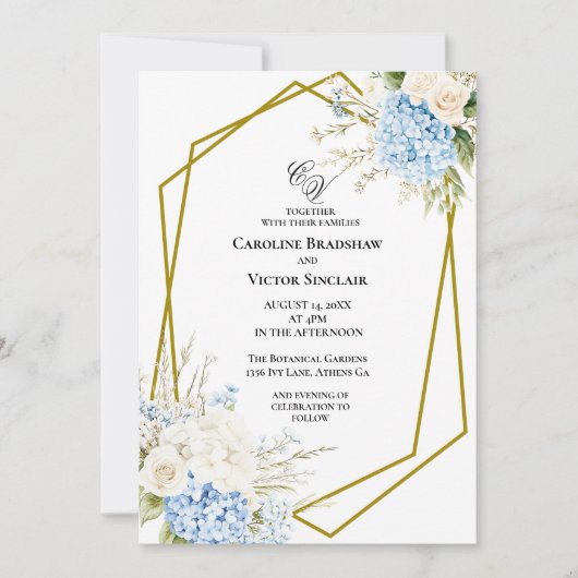 Blue Hydrangea Geometric Wedding Invitation (Devant)