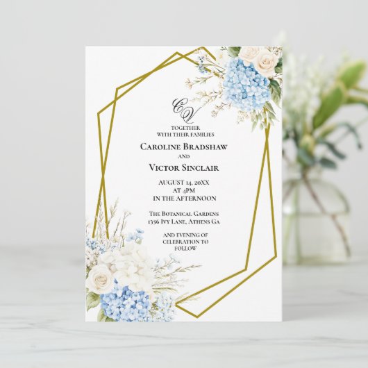 Blue Hydrangea Geometric Wedding Invitation (Debout devant)