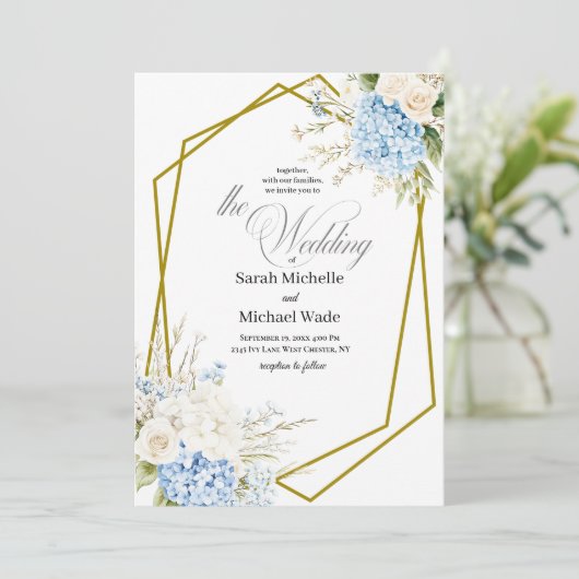 Blue Hydrangea Geometric Wedding Invitation (Debout devant)