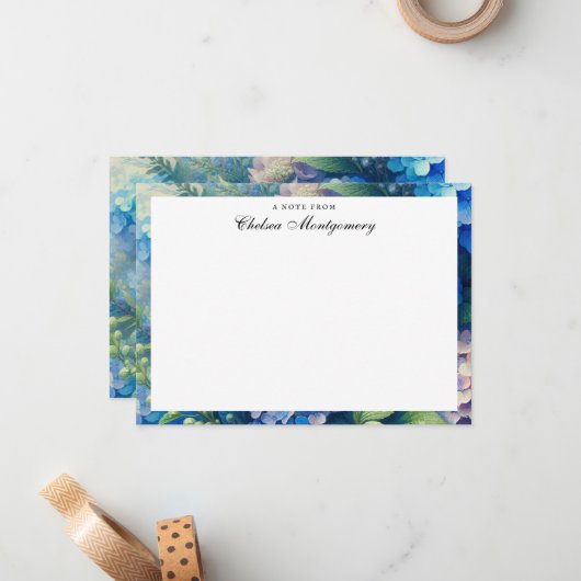 Blue Hydrangea gepersonaliseerde naam Notitiekaartje (Voorkant / Achterkant in situ)