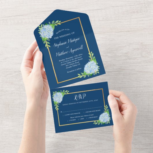 Blue Hydrangea Gold Border Navy Wedding All In One Uitnodiging (Afscheurbaar)