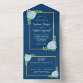 Blue Hydrangea Gold Border Navy Wedding All In One Uitnodiging (Binnen)