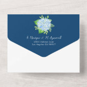 Blue Hydrangea Gold Border Navy Wedding All In One Uitnodiging (Achterkant)