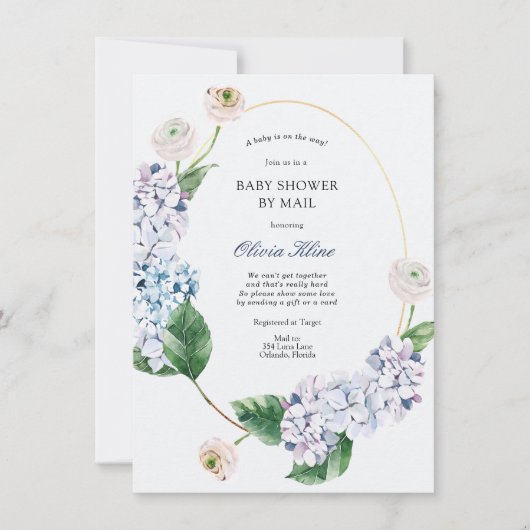 Blue Hydrangea Gold Lijst Baby shower per Mail Kaart (Voorkant)