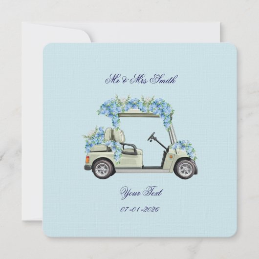 Blue Hydrangea Golf Cart Floral Wedding Invitation (Devant)