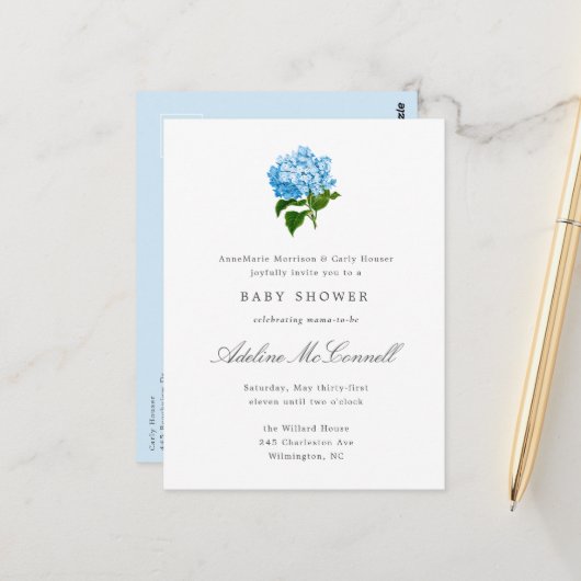 Blue Hydrangea Grandmillennial Baby shower Briefkaart (Voorkant / Achterkant in situ)