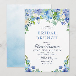 Blue Hydrangea Greenery Waterverf Bridal Brunch Kaart