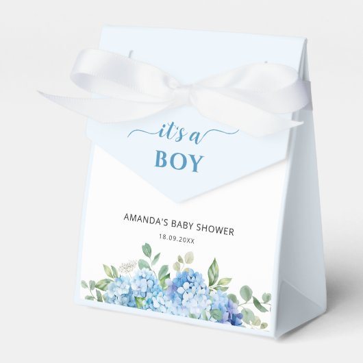 Blue Hydrangea Het is een Boy Baby shower Bedankdoosjes (Voorkant Zijde)