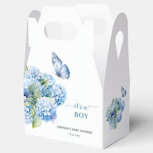 Blue Hydrangea Het is een Boy Baby shower Bedankdoosjes (Geopend)