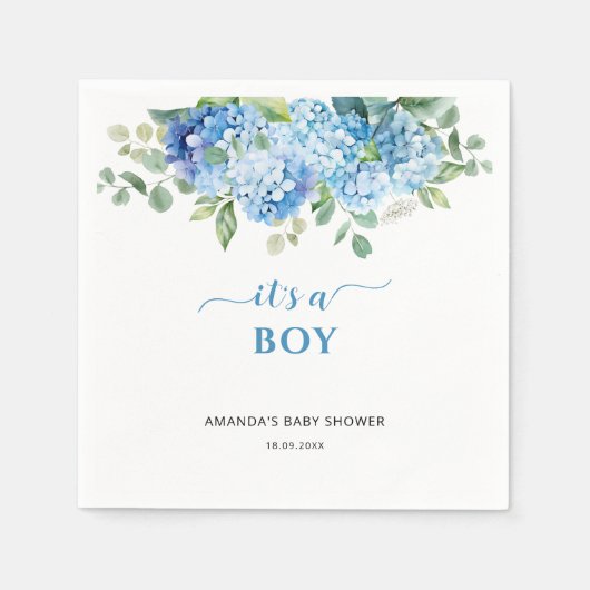 Blue Hydrangea Het is een Boy Baby shower Servet (Voorkant)