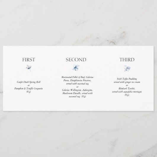 Blue Hydrangea Horizontal Wedding Menu (Devant)