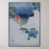 Blue Hydrangea Japans Woodcut met Bird Poster (Voorkant)