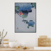 Blue Hydrangea Japans Woodcut met Bird Poster (Keuken)