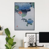 Blue Hydrangea Japans Woodcut met Bird Poster (Thuiskantoor)