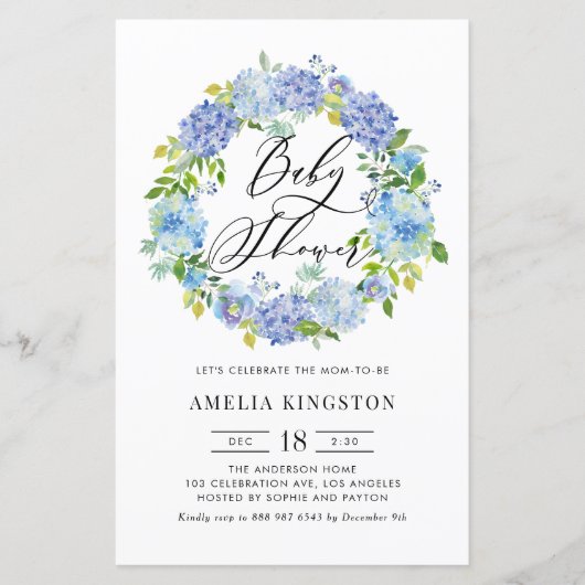 Blue Hydrangea Krans Baby shower Uitnodiging (Voorkant)