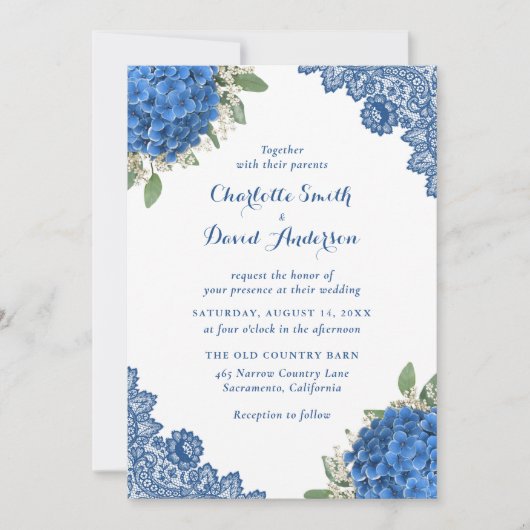 Blue Hydrangea Lace Mariage Invitations (Devant)