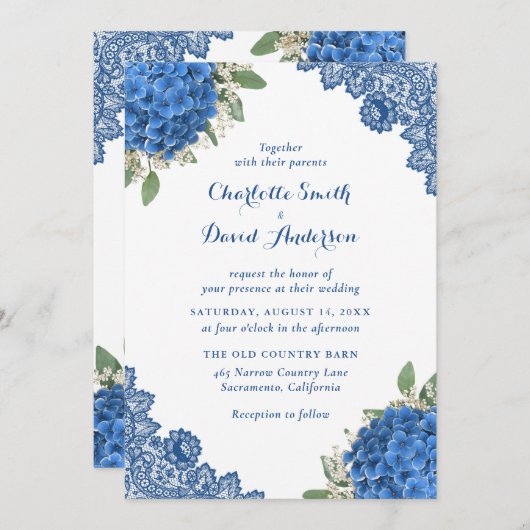 Blue Hydrangea Lace Mariage Invitations (Devant / Derrière)