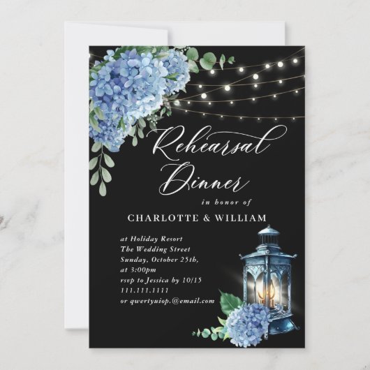 Blue Hydrangea Lantern Black Back Rehearings Dinne Kaart (Voorkant)