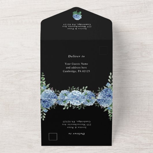 Blue Hydrangea Lantern Black Background Wedding All In One Uitnodiging (Buitenkant)