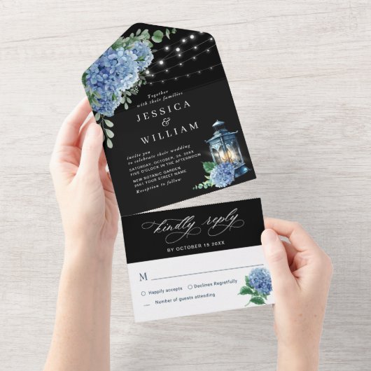 Blue Hydrangea Lantern Black Background Wedding All In One Uitnodiging (Afscheurbaar)