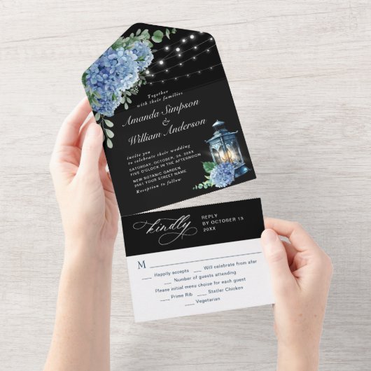 Blue Hydrangea Lantern Black Background Wedding All In One Uitnodiging (Afscheurbaar)
