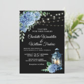 Blue Hydrangea Lantern Black Background Wedding Kaart (Staand voorkant)