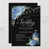 Blue Hydrangea Lantern Black Background Wedding Kaart (Voorkant / Achterkant)