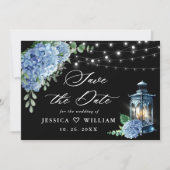 Blue Hydrangea Lantern Black Background Wedding Save The Date (Voorkant)