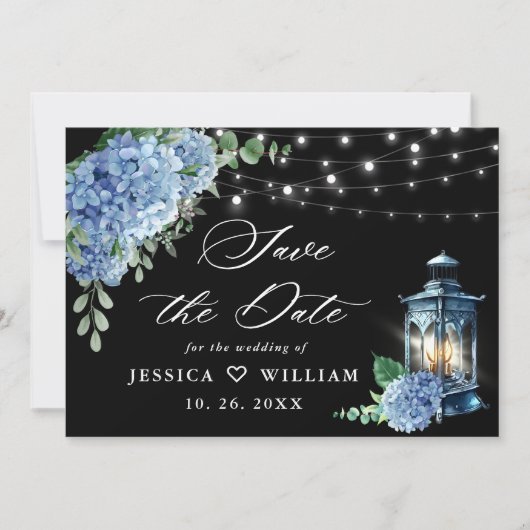 Blue Hydrangea Lantern Black Background Wedding Save The Date (Voorkant)